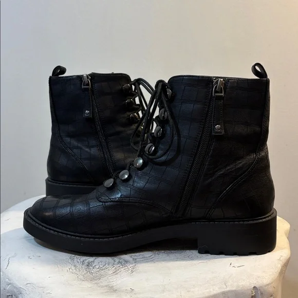 Black Lace Up Combat Style Snake / Croc Reptile Embossed Ankle Boots, size 8 - Picture 7 of 13